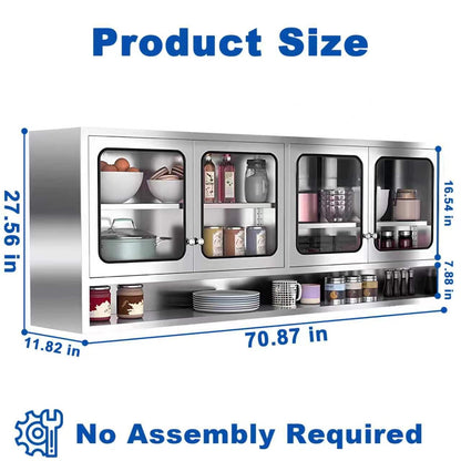 ZZV Kitchen Wall Cabinet, Stainless Steel Wall Mounted Cabinet with Adjustable Shelves, Industrial Wall Storage Cabinet for Garage, Warehouse, No Assembly Required, 11.82D x 70.87W x 27.56H in