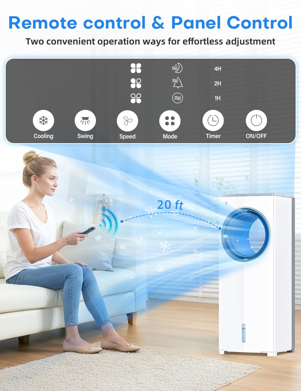 MYICY 27 INCH Evaporative Air Cooler, Windowless Swamp Cooler Portable Air Conditioners w/Normal/Natural/Sleep/Cooling Mode,3 Speeds,Double Tanks& Remote & Smart Timer, Bladeless Air Cooler for Room