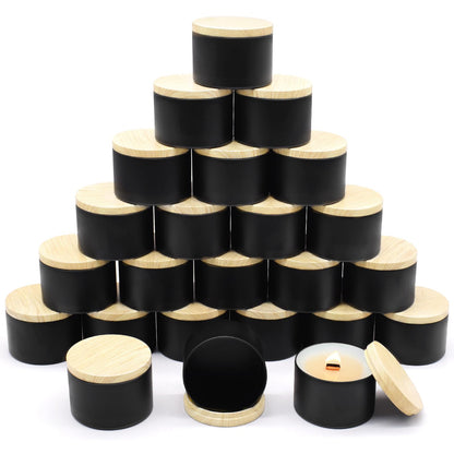 YJHSS 24-Pack 8oz Candle Tins with Wood-Grain Printing Lids, Metal Candle Jars for Candle Making, Empty Containers Vessels Bulk for Small Business & Beginners DIY Storage -Wood Black