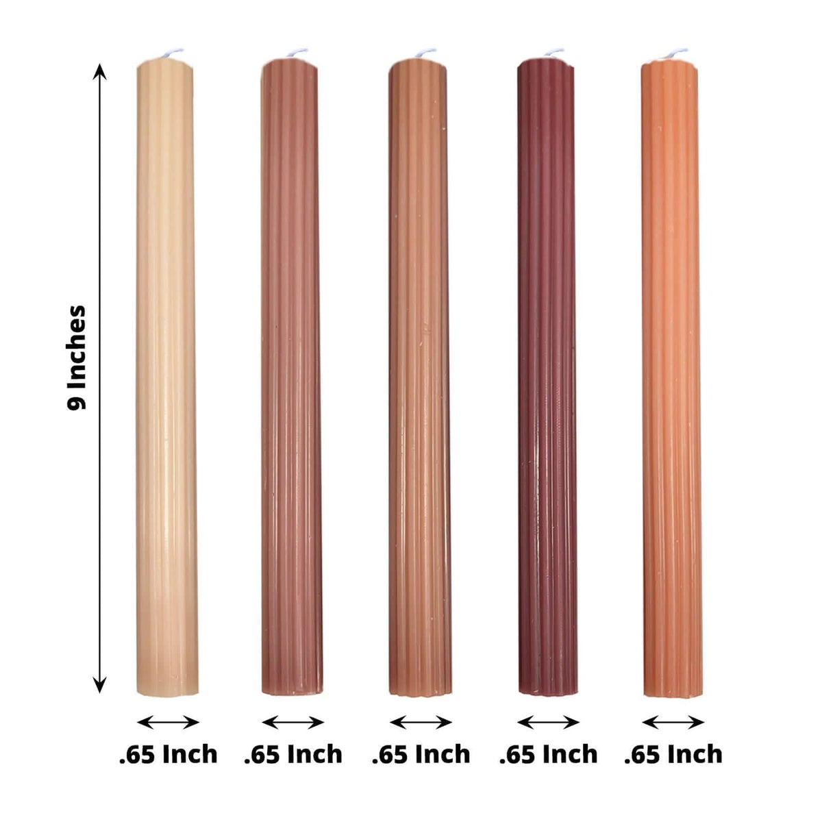 Tableclothsfactory 5 Pack | 9" Assorted Natural Premium Unscented Ribbed Wick Taper Candles, Tall Ribbon Wax Dinner Candles