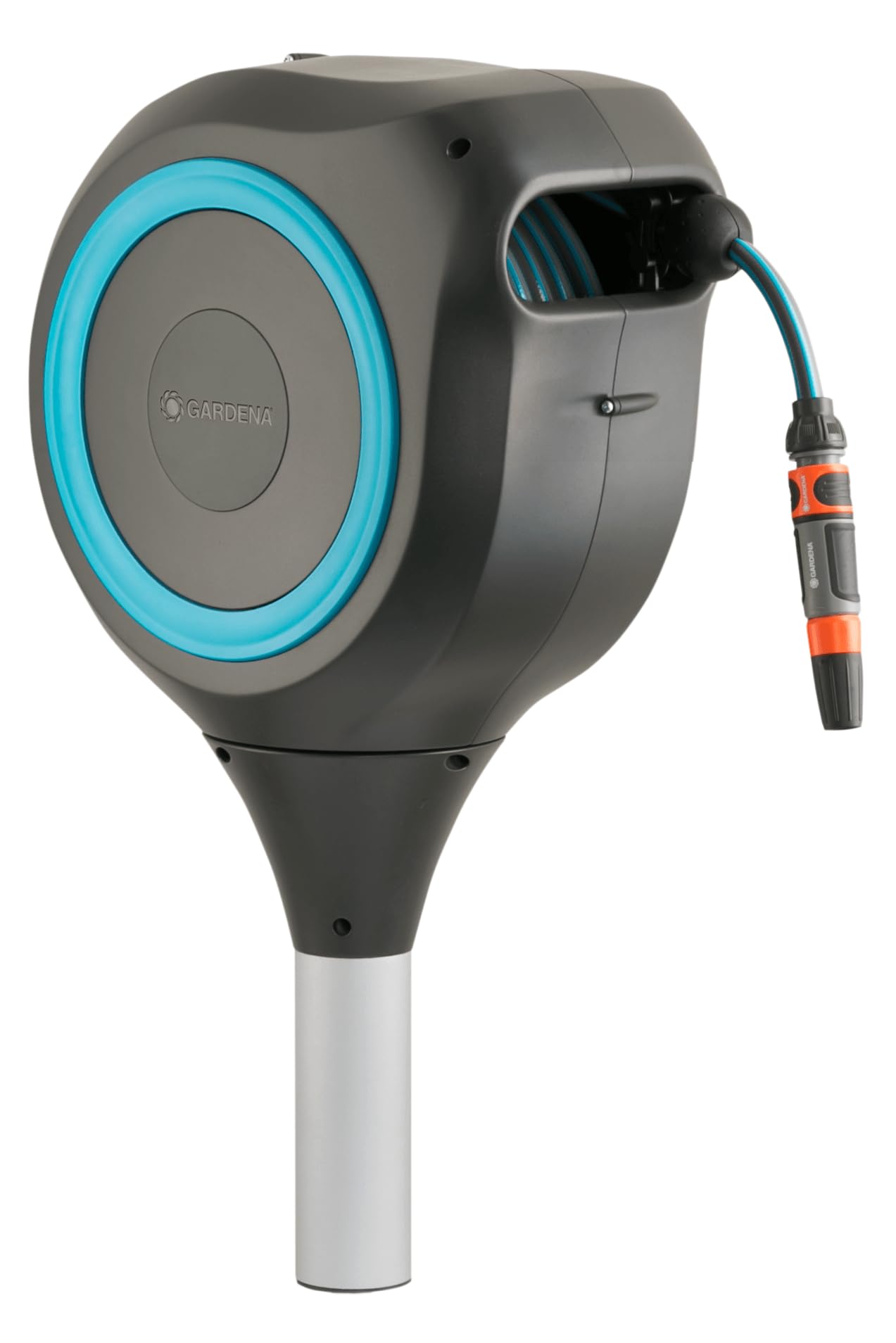 GARDENA 18614-80 | 66' x 1/2" Automatic Retractable Garden Hose Reel on Metal Spike, Outside Garden Hose with 360° swivel Rotation to Reach All Areas of Your Yard. Relocate Hose Reel Easily