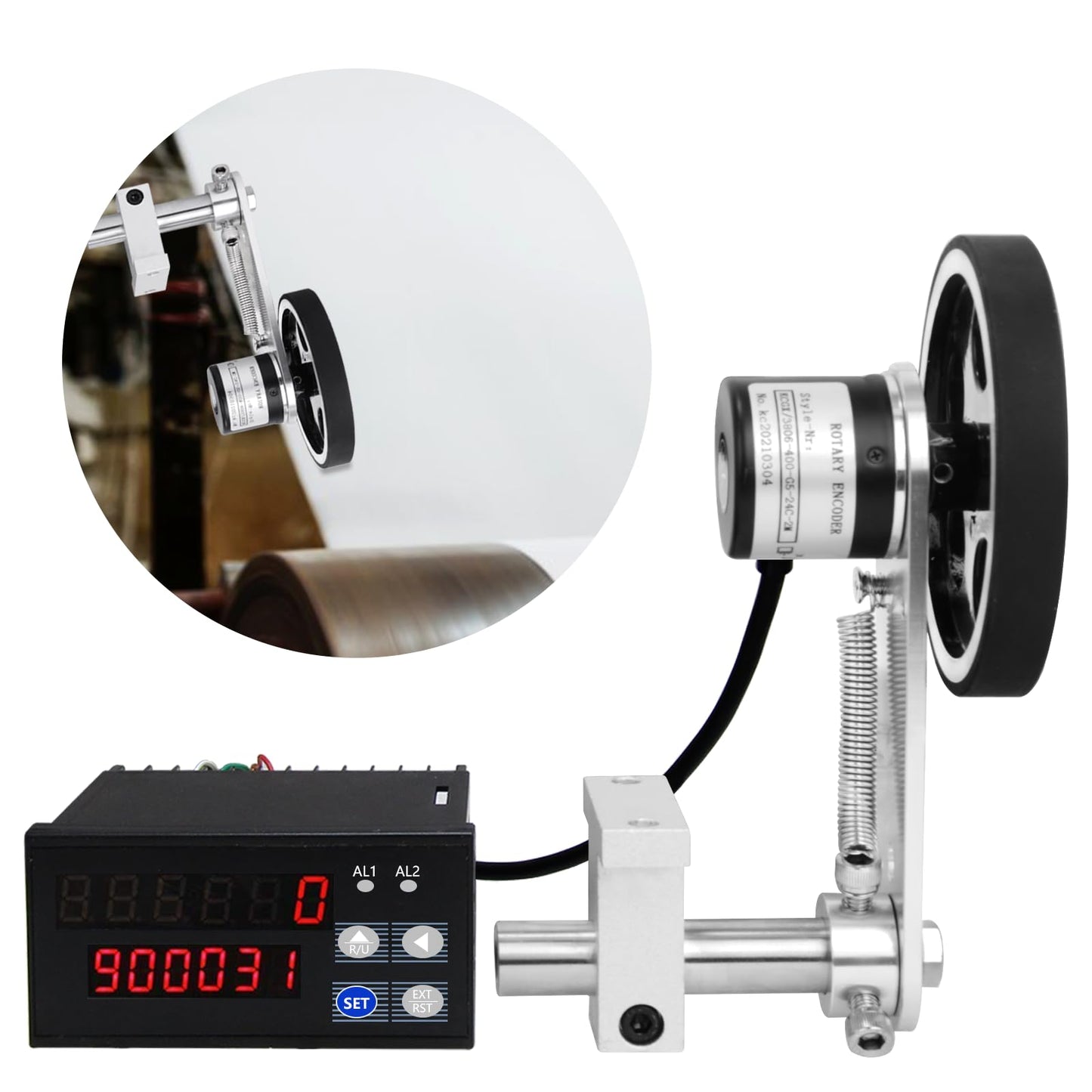 JIAWANSHUN Digital Length Meter Counter with Measure Wheel, Feet/Inch/Meter Selectable Units, 6-Digit Display 0-999999, AC 100-240V Input DC 12V Output