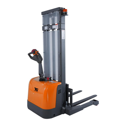 Tory Carrier Full Electric Walkie Stacker Material Lifts with Straddle Legs 98 inches Lifting Height with Adjustable Forks 3300lbs Capacity