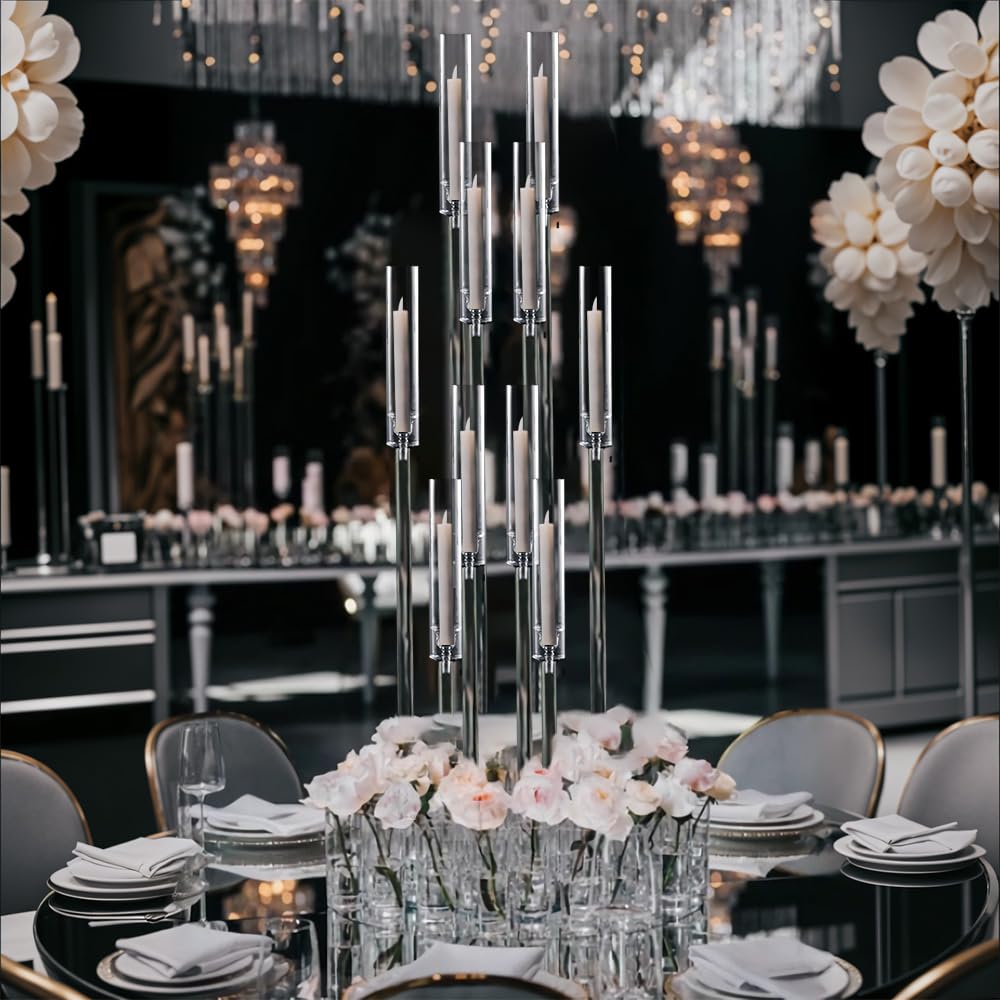 16PCS Acrylic Candelabra Centerpiece for Wedding,10 Arm Candlesticks Holder Clear Tall Candelabra Large Floral Centerpieces for Tables Anniversary Party Brithday candelabros para centros de mesa