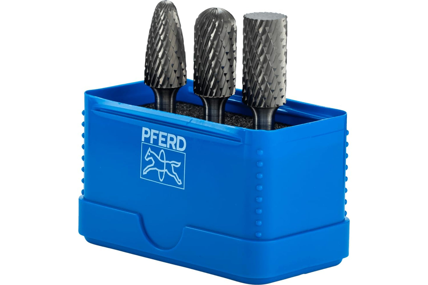 PFERD 3-Piece Carbide Bur Set, Double Cut, 1/4" Shank, Tungsten Carbide Rotary Burrs, for Metal Grinding & Deburring, Includes Plastic Case – Part 26548