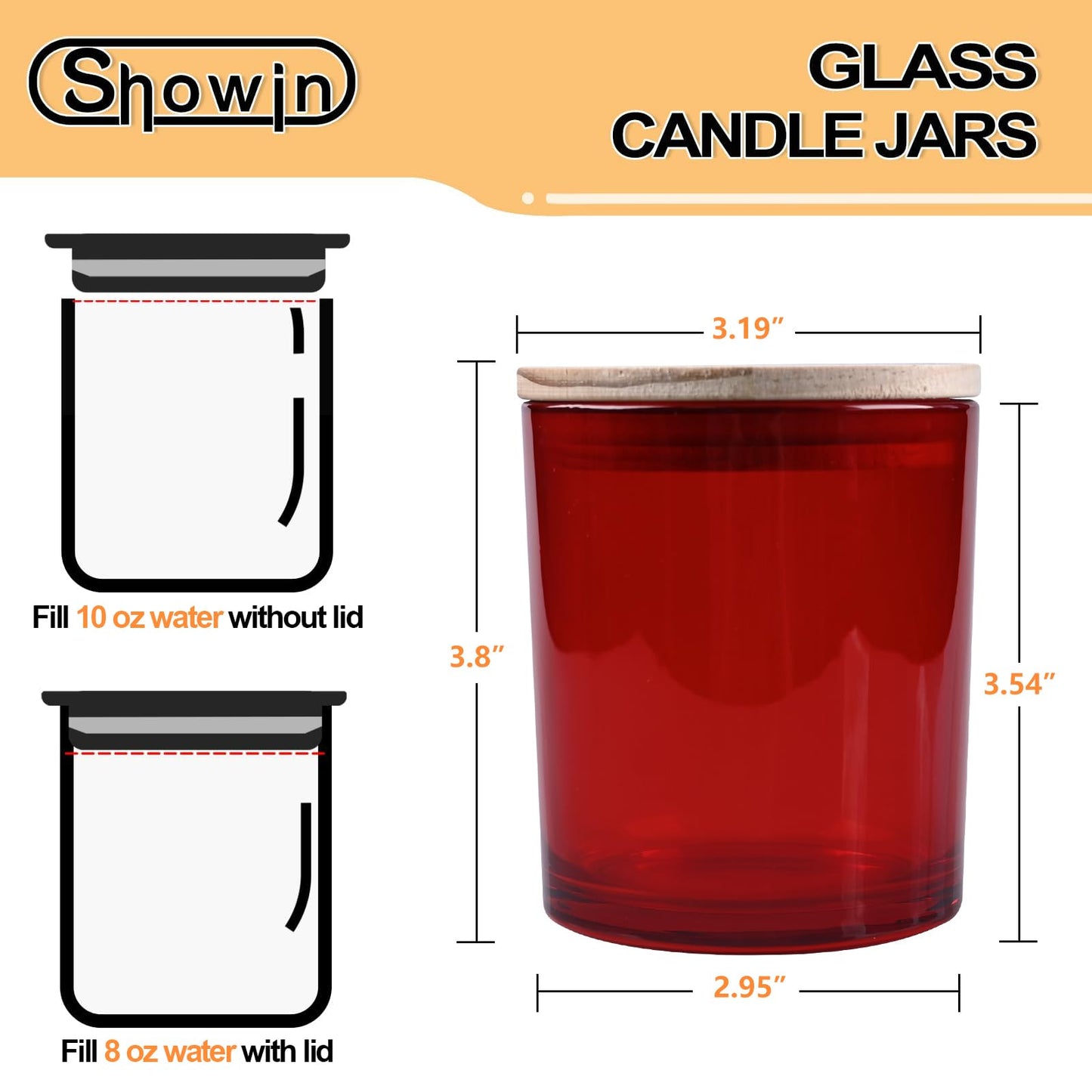SHOWIN 10 OZ Thick Candle Jars for Making Candles 15 Pcs, Empty Jars with Wood Lids for Candle Making, Sample Container, Red