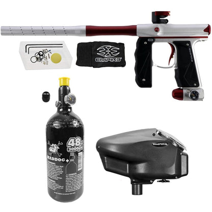 Maddog Empire Mini GS Electronic Full Auto Paintball Gun Marker w/ 48/3000 HPA Paintball Tank & Empire Halo Too Electronic Paintball Loader Starter Package - Dust Silver/Red - 2pc Barrel