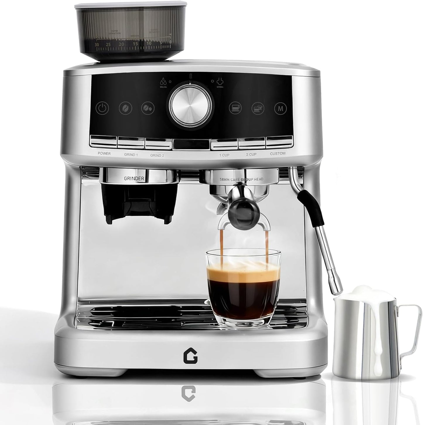 ExploreHorizon 20 Bar Espresso Machine with Built-In Grinder & Milk Frother, 1.5L Removable Water Tank, Adjustable Shot Volume & 30 Grind Settings for Home or Office Use, Stainless Steel Silver