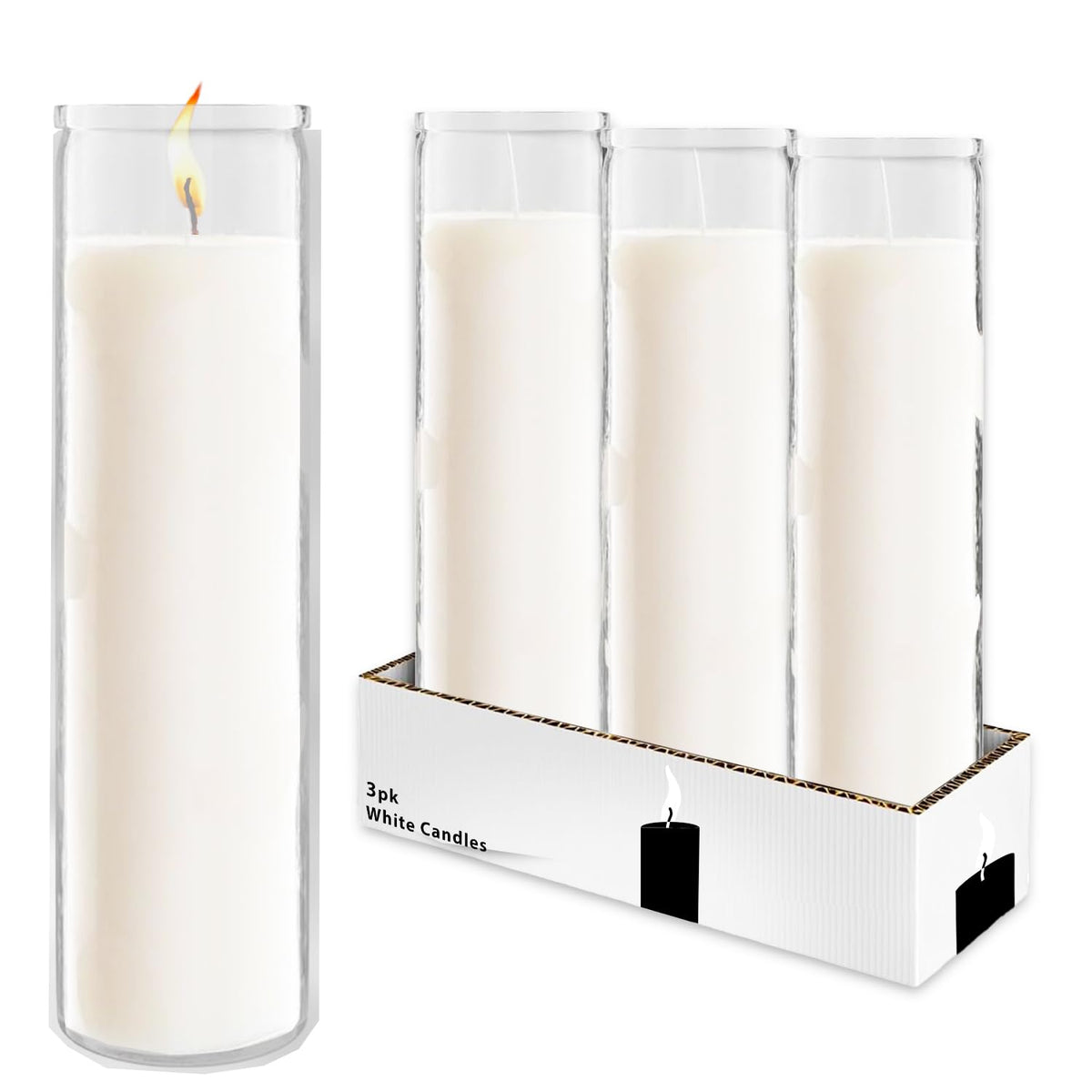 White 8" Prayer Glass Candles Set - Bundle with 3 White Prayer Candles for Vigils, Prayers, Cemetery, Blessing Ceremonies