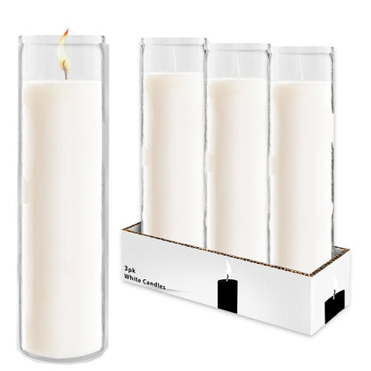 White 8" Prayer Glass Candles Set - Bundle with 3 White Prayer Candles for Vigils, Prayers, Cemetery, Blessing Ceremonies