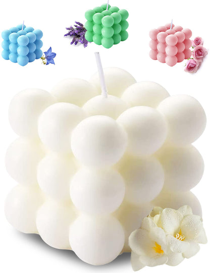 Aokala Scented Bubble Cube Candles for Home, Scented, 5.4 oz Soy Wax Aromatherapy Candle, Aesthetic Room Decor Cute Danish Pastel Large Decorative Shaped Candles Gifts - Freesia(White)