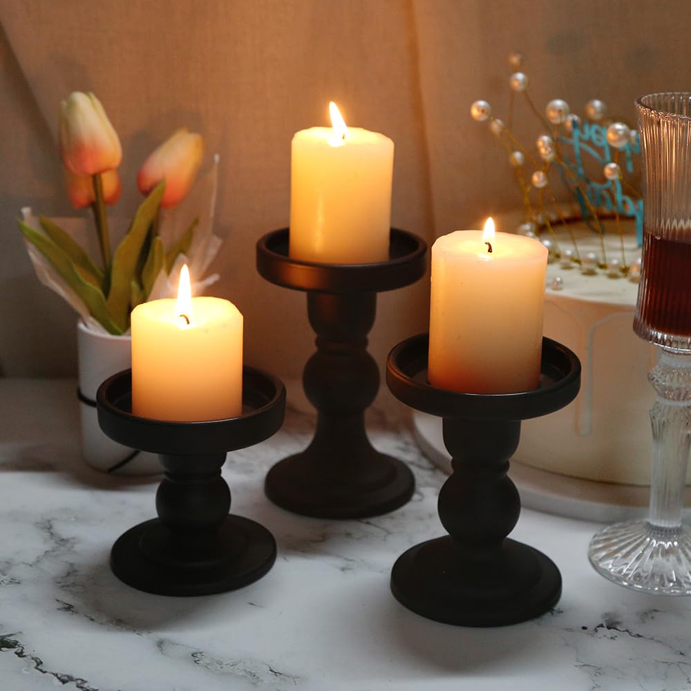 BTGLLAS 3-Piece Set of Black Glass Candlestick, Crystal Candlestick Holder Holder and Conical Candle, Christmas Candle Holder Decoration, Family Living Room Wedding Candle Holder (black1set)