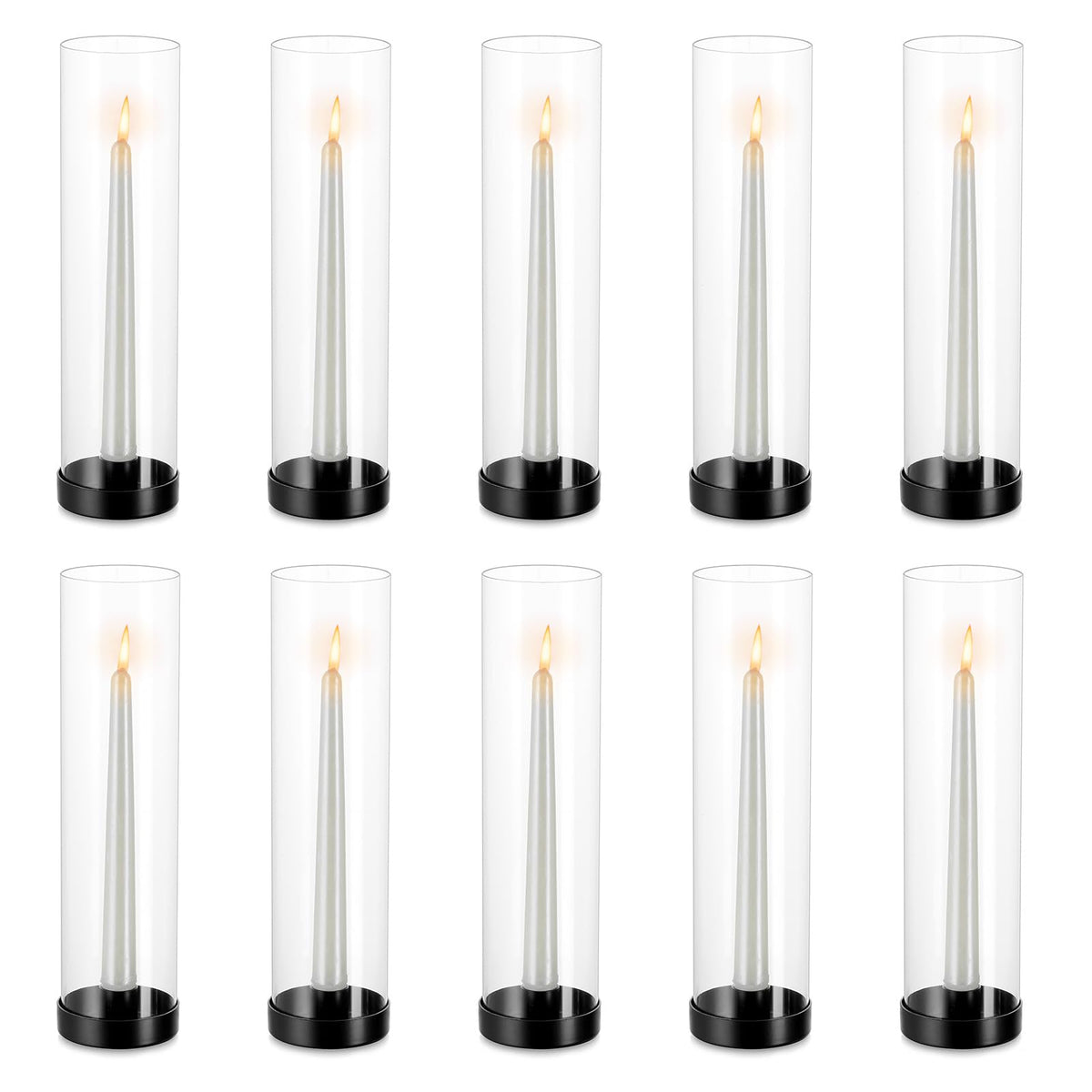 NUPTIO Black Taper Candle Holders: 10 Pcs Bulk 11.81 inch Tall Hurricane Glass Candlestick Tapered Holder Windproof Modern Clear Candles Stand for Outdoor & Indoor Wedding Party Holiday Centerpiece