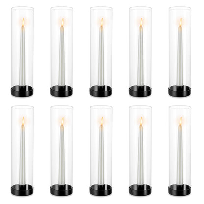 NUPTIO Black Taper Candle Holders: 10 Pcs Bulk 11.81 inch Tall Hurricane Glass Candlestick Tapered Holder Windproof Modern Clear Candles Stand for Outdoor & Indoor Wedding Party Holiday Centerpiece