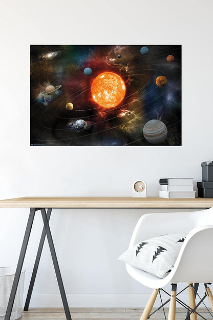 Orbiting Solar System Wall Poster, 34L" x 22.4W", Premium Poster & Mount Bundle