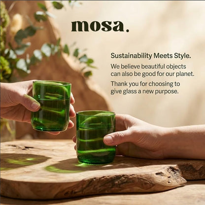 Mosa Wine Bottle Drinking Glasses (230ml, 7.7oz, Set of 2) – Upcycled Stemless Glassware for Wine, Cocktails & Everyday Use | Eco-Friendly Sustainable Drinking Glasses (Green)