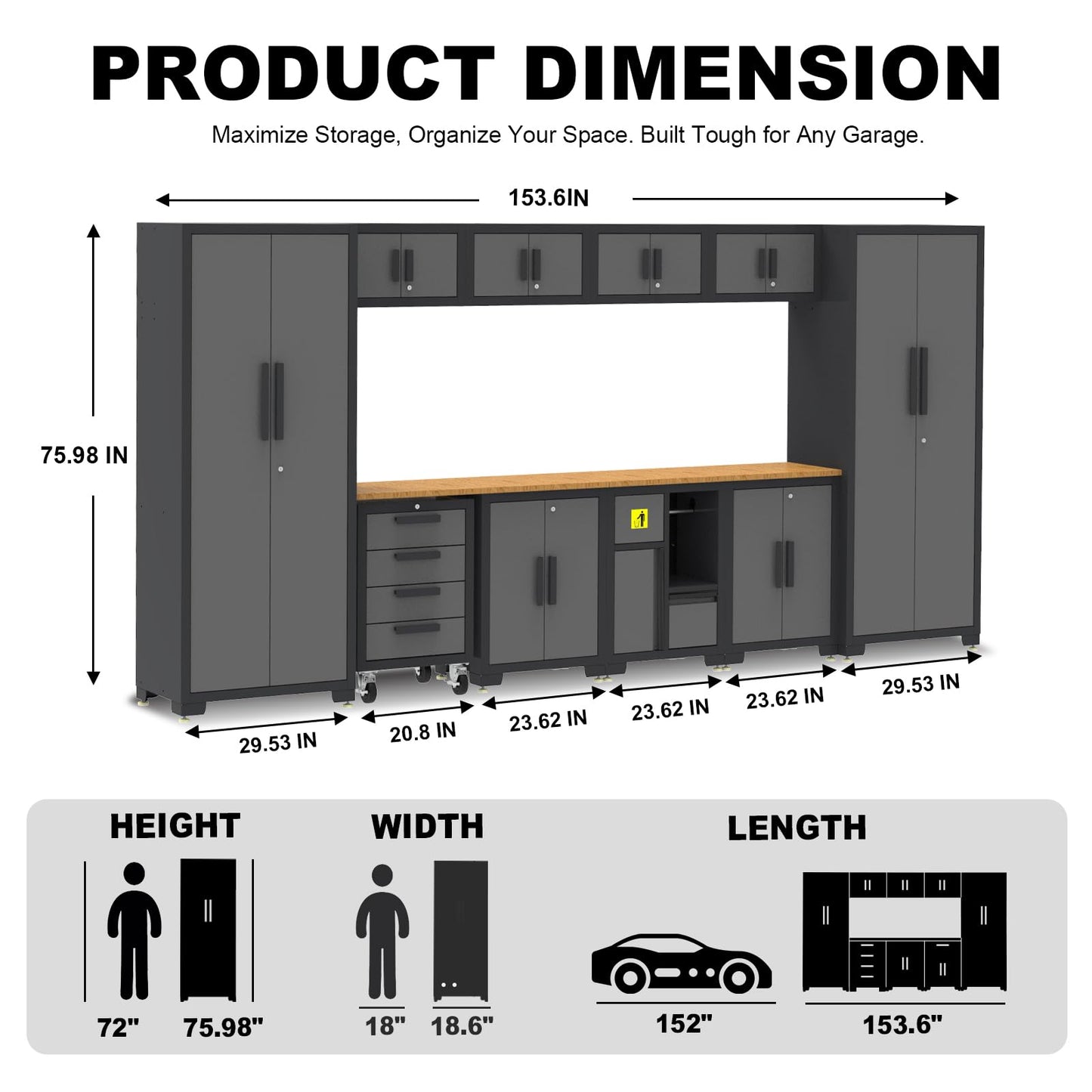 Garage Cabinets Storage System, 12-Pcs Included Steel Cabinets Drawers Rolling Chest and Trash Can Cabinet, Locked Storage Cabinet, Perfect for Organizing Garage and Tools