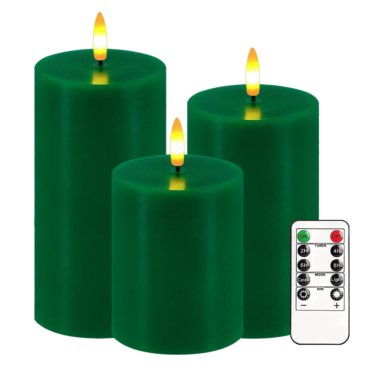 Green Flameless Candles, Set of 3 Flickering LED Candles with Remote & Timer, Dimmable Real Wax Electric Pillar Candles Battery Operated, Candles Light for Home St. Patrick's Christmas Decor (Green)