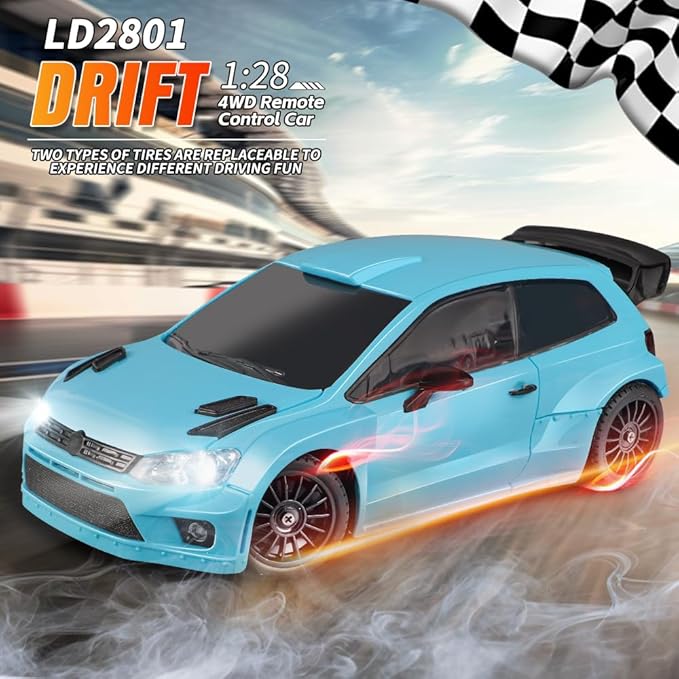 LDRC 2801 1/28 Mini RC Drift Car GTR 2.4GHz 4WD RTR with 4PCS Drift Tires Racing Radio Control Cars (Blue2)