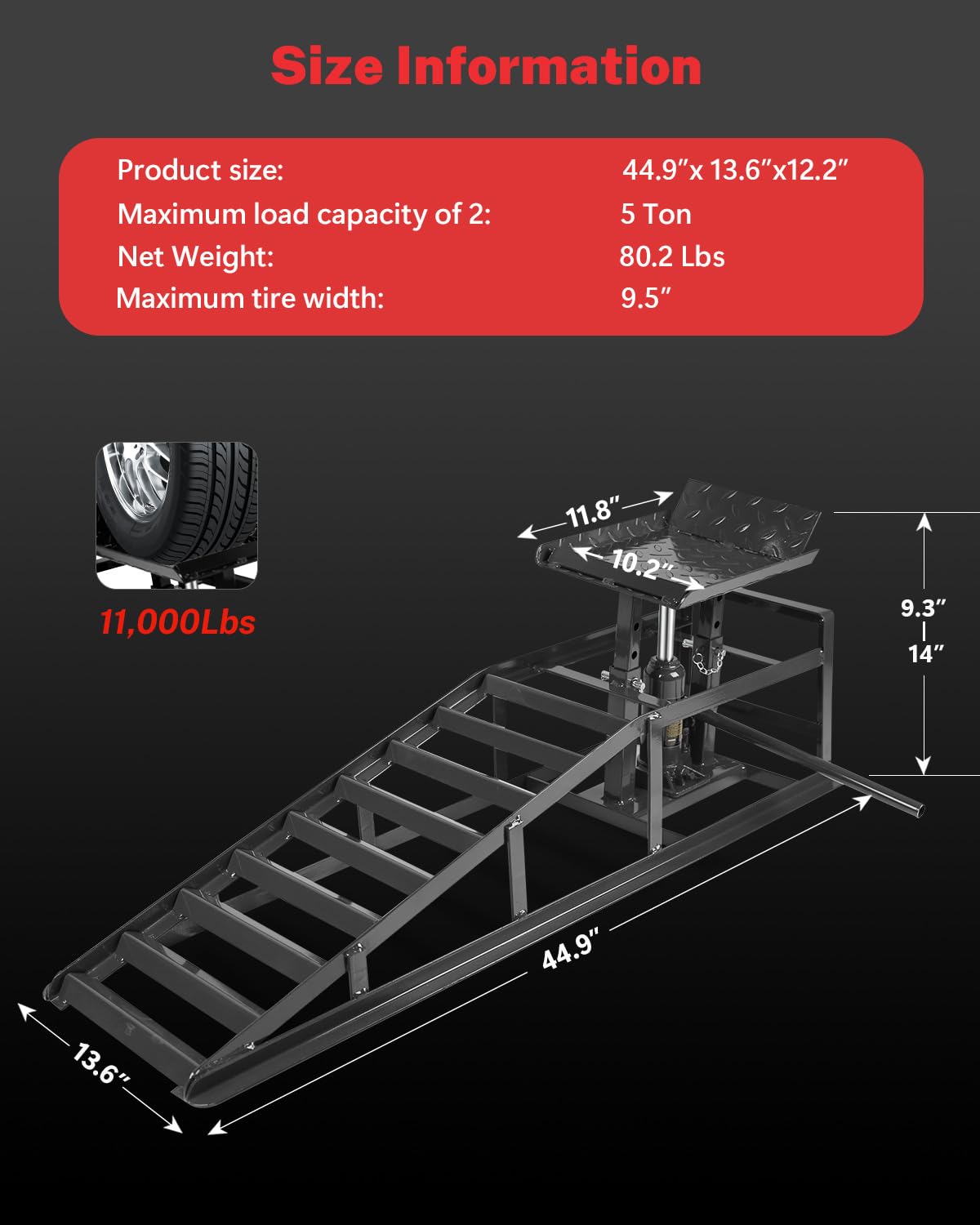 Hydraulic Car Ramps, 5t 11000Lbs Low Pro-File Car Lift Service r-Amps, Heavy Duty Steel Hydraulic Vehicle r-Amps for Car Truck Trailer Garage Repair - 2 Pack
