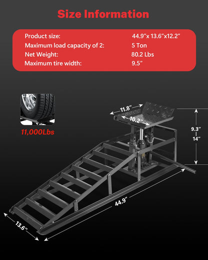 Hydraulic Car Ramps, 5t 11000Lbs Low Pro-File Car Lift Service r-Amps, Heavy Duty Steel Hydraulic Vehicle r-Amps for Car Truck Trailer Garage Repair - 2 Pack