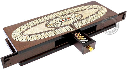 House of Cribbage - Continuous Cribbage Board/Box Inlaid in Wenge Wood/Maple : 4 Track - Sliding Lids Drawer &amp Metal Pegs with Score Marking Fields for Skunks Corners and Won Games