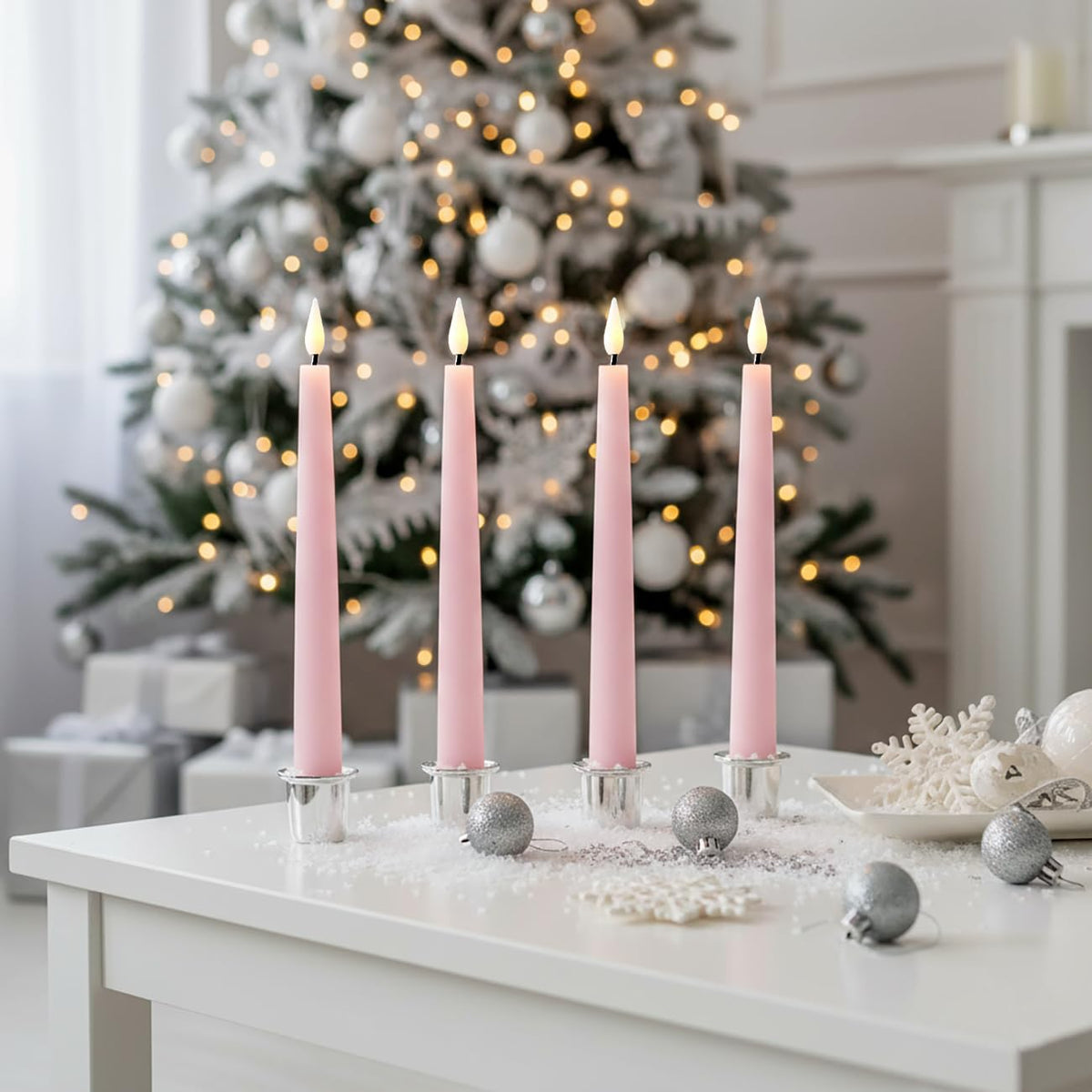 LampLust Flameless Taper Candles with Remote, 9 Inch, 4 Pack Pastel Pink Candlesticks, LED Flickering Flameless Candles for Baby Shower Gender Reveal, Summer Table Decor & Party Decorations
