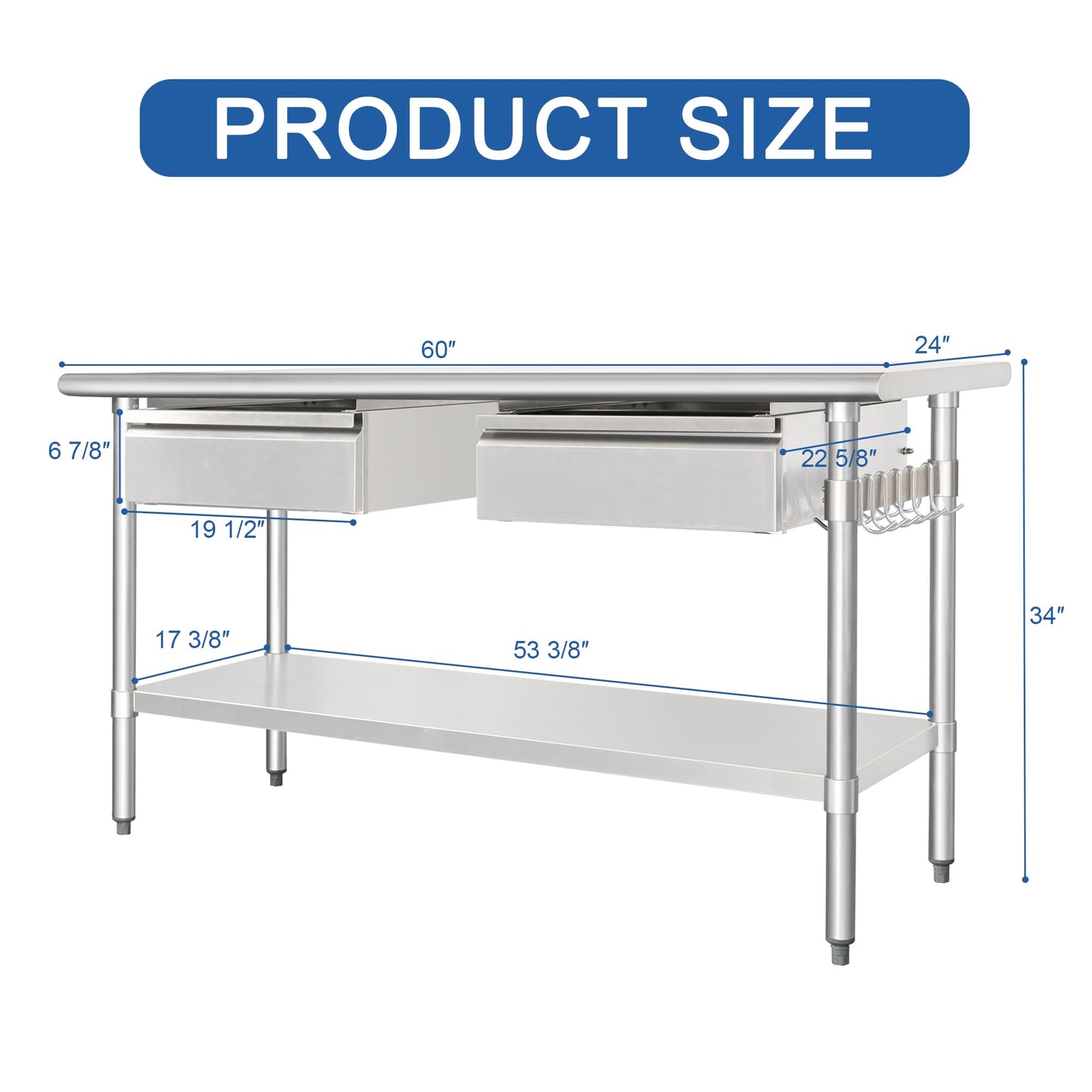 HARDURA Stainless Steel Prep Table with Drawer 24" x 60" NSF Heavy Duty Bench with Undershelf, Hook and Galvanized Legs for Commercial Food Prep