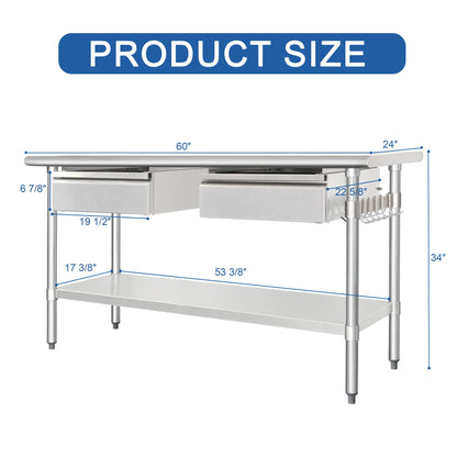 HARDURA Stainless Steel Prep Table with Drawer 24" x 60" NSF Heavy Duty Bench with Undershelf, Hook and Galvanized Legs for Commercial Food Prep