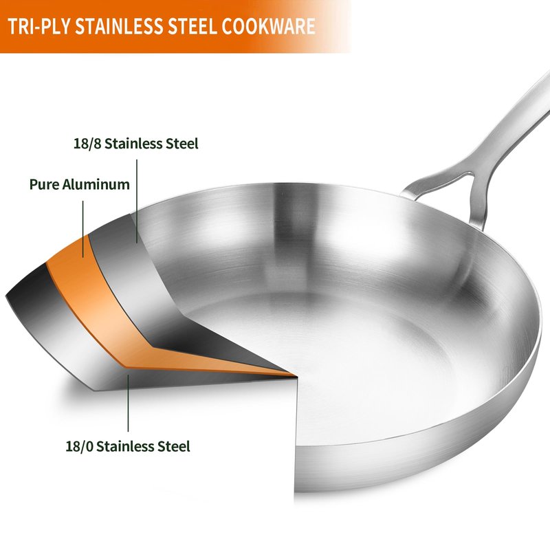 DELARLO 10inch Tri-Ply Stainless Steel Pan with lid, Induction Stainless Steel Frying Pan With Lid, Oven Safe Skillet 10in, Heat quickly and evenly, Durable Stainless Steel Cookware