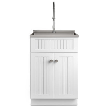 SIMPLIHOME Beckham All-in-One 24 inch Wide Utility Sink and Laundry Cabinet in Pure White Finish, Transitional Stainless Steel Sink Cabinet for Laundry Rooms with High-Arch Brushed Nickel Faucet