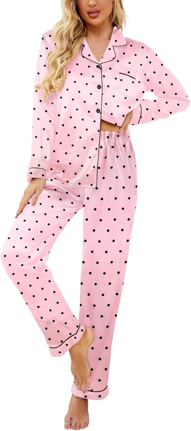 Ekouaer Women's Classic Button Down Long Satin Silk Pajama Set