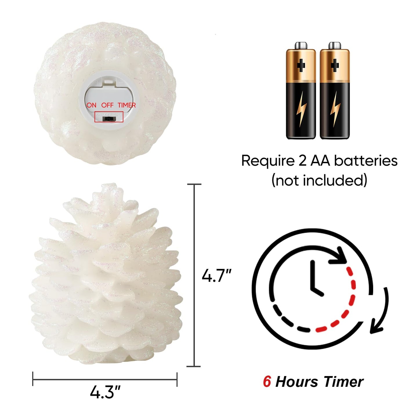 Homemory 2 Pcs Pine Cone Candles Flameless, White LED Flickering Lights with 6 Hours Timer, Battery Operated Candles for New Year Celebration Holiday Decorations D4.3 x H4.7 Inches