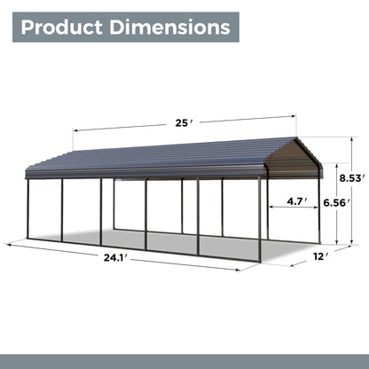 GREEN PARTY 12 x 25 ft Metal Carport Kits with Galvanized Steel Roof, Heavy Duty Metal Carport Canopy, Outdoor Car Tent Metal Garage Shelter for Car, SUV, Truck and Boats, Grey
