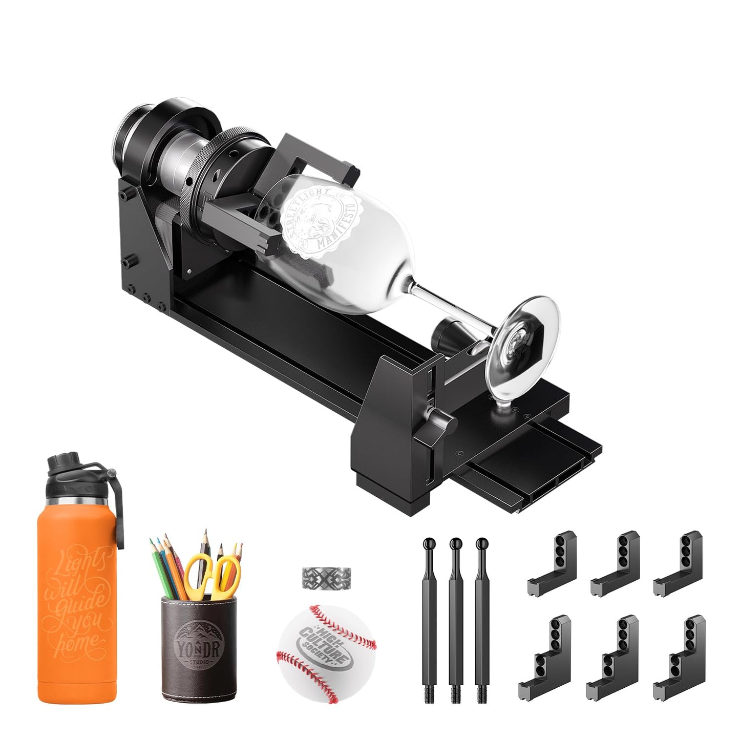 Longer Chuck Rotary Roller is ideal for engraving cylindrical, wine glass, and irregular objects. Y-axis 360° rotation, compatible with Ray5, Ray5 Mini, B1, and most other frame-style laser engravers.