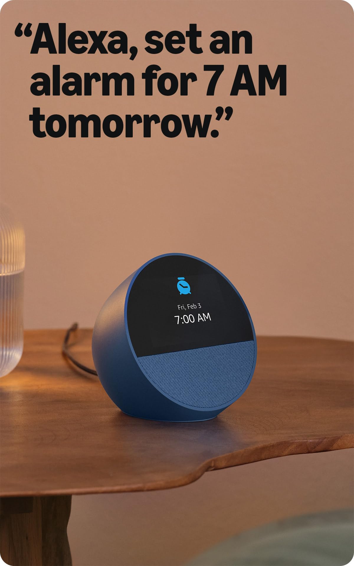 Like-New Amazon Echo Spot (newest model), Great for nightstands, offices and kitchens, Smart alarm clock, Designed for Alexa+, Ocean Blue