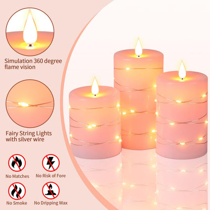 Upinmz Flickering Flameless Candles with Embedded String Lights, Battery Operated Candles with Remote Control and Timer,LED Candles for Home Decoration,Real Wax, 3 Pack Pink