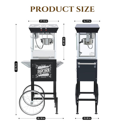 Trygoal Popcorn Machine with Cart, Popcorn Popper with 8 Oz Kettle Makes Up to 32 Cups, Nostalgia Professional Cart with Warming Deck and Old Maids Drawer, Movie Night Supplies for Home, Black
