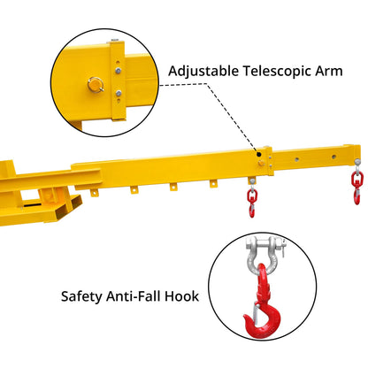 Adjustable Forklift Jib Boom Crane, Manual Telescopes 83“～149 in, Forklift Mobile Crane with Two 3 t Swivel Hooks, 6000 LBS Lift Capacity Forklift Crane for Warehouse or Factories