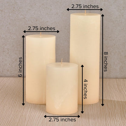 Simply Soson 3x4, 3x6, 3x8 inch Ivory Pillar Candles, Set of 3 Pillar Candles, Rustic Texture, Unscented Ivory Candles, Dripless Candles, Ideal as Wedding, Parties, Spa, Dinner, Home Decor, Church