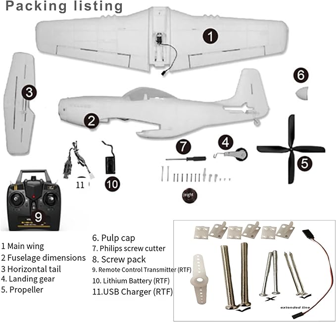 Extra Large 29.5 750MM P51 P-51D Mustang Remote Control Combat Aircraft 4CH Double Battery Aerobatic Brushless RC Aircraft Full-Function for Professional Players