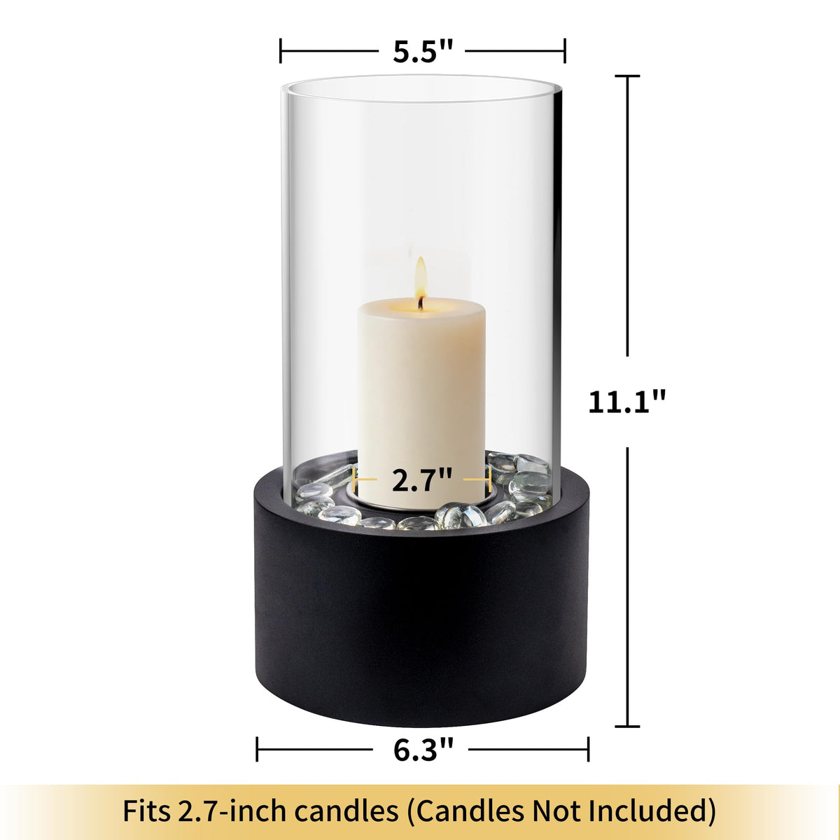 Rixordd Black Hurricane Candle Holder with Round Metal Tray – Clear Glass Cylinder Lantern, Multi-Purpose Decorative Centerpiece for Candles, Flowers, Wedding, Christmas & Home Decor (w/o Candle)