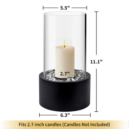 Rixordd Black Hurricane Candle Holder with Round Metal Tray – Clear Glass Cylinder Lantern, Multi-Purpose Decorative Centerpiece for Candles, Flowers, Wedding, Christmas & Home Decor (w/o Candle)