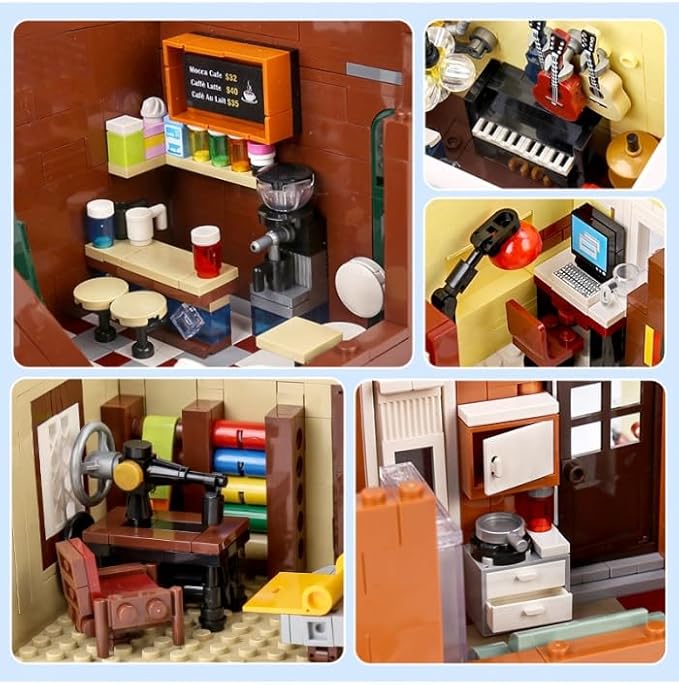 General Jim's Music Store &amp Coffee Café Street View Modular City Building Block Set 3103 Pieces with Light Kit European Style Architecture Display Model | GJ LMS