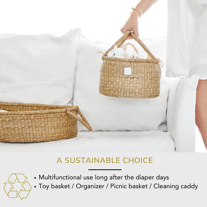 BEBE BASK Premium Baby Diaper Caddy Organizer - Artisan-Made Seagrass Basket With Cotton Divider - Award-Winning & Luxury Diaper Caddy Basket (ROSA)