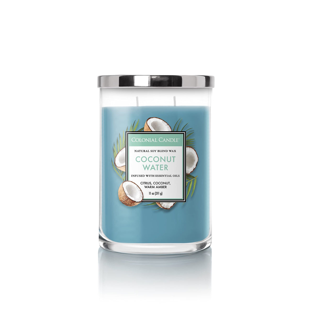 Colonial Candle Coconut Water Scented Jar Candle, Classic Cylinders Collection, 2 Wick, Blue, 11 oz - Up to 80 Hours Burn