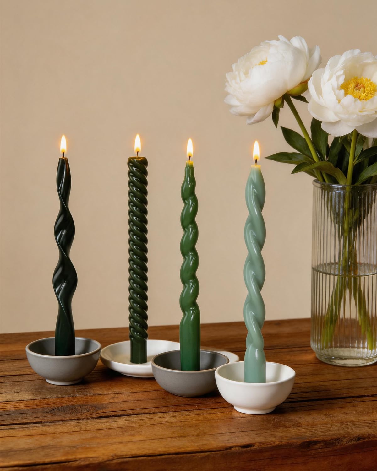 10 Inch Green Taper Candles-Spiral Tapered Candle Smokeless Unscented Candlestick Long Slow Burning 8 Hours Tall Sticks for Christmas Wedding Dinner Parties-4Pack