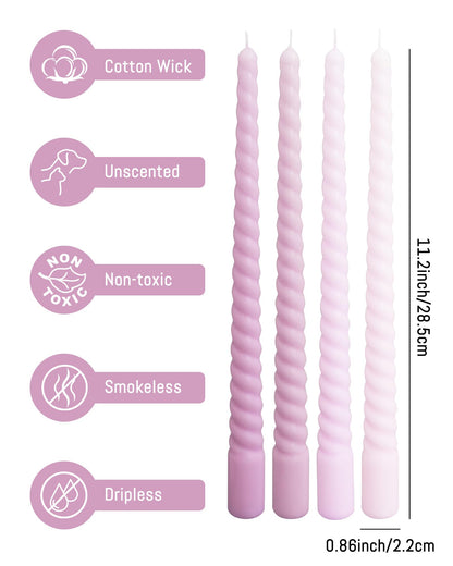 Viyffo 11 Inch Spiral Taper Candles, 4 Pack Purple Gradient, Unscented Tall Long Candlesticks for Wedding, Dinner, Holiday Table Decor, Fits Most Standard Holders