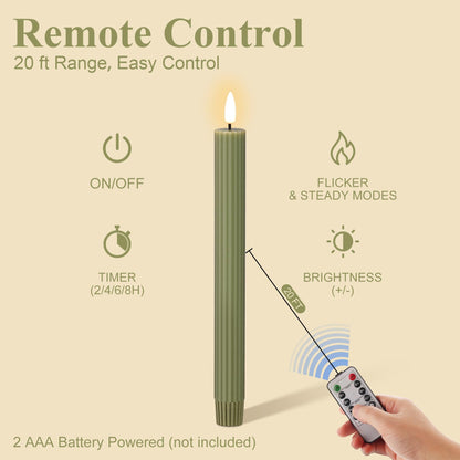Girimax Olive Green Ribbed Fluted Flameless Taper Candles with Remote, Flickering Battery LED Wax Candlesticks Wedding Home Decor Set of 4