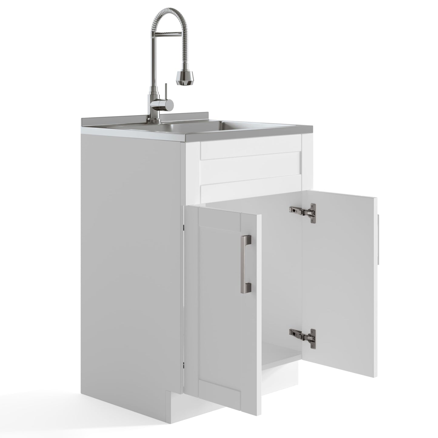 SIMPLIHOME Hennessy All-in-One 24 inch Wide Utility Sink and Laundry Cabinet in Pure White Finish, Transitional Stainless Steel Sink Cabinet for Laundry Rooms with High-Arch Chrome Faucet and Storage